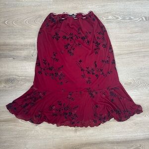 Vintage Y2K Exact Change Floral Lace Velvet Overlay Midi Skirt with Ruffle Hem